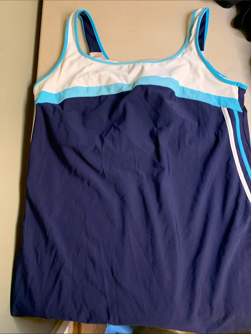Navy & White Tankini Swim Top with Light Blue Trim